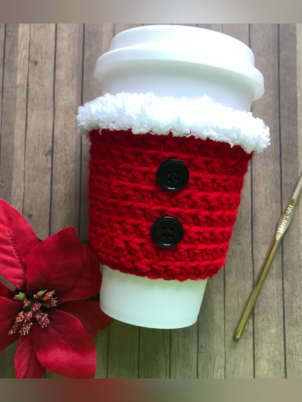 Handmade Crochet Santa Cup Cozy, Red Holiday Coffee Cup Sleeve with White Trim